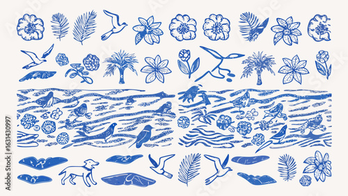 Illustration of ocean scene with birds, flowers, palm trees, and a dog in blue ink style