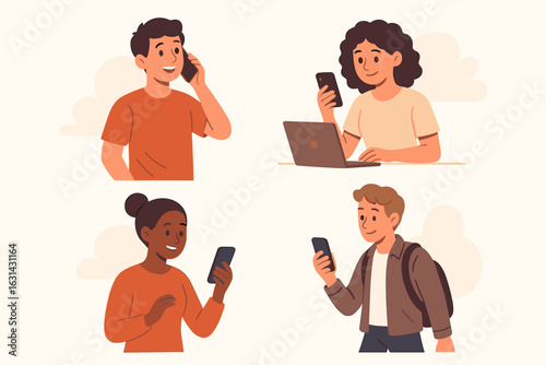 Diverse people using smartphones collection - Set of 4 cartoon vector characters talking communicating with mobile devices modern technology illustration