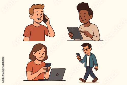 Modern people using smartphones tablets collection. Diverse characters talking working walking with mobile devices. Vector illustration casual lifestyle digital communication technology