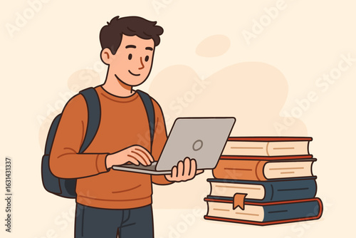 Student online learning education self development. Young man laptop computer books study course school university. E-learning distance education concept vector