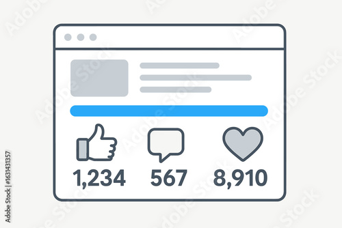 Social media engagement metrics website interface mockup with like comment heart icons statistics counting numbers browser window digital marketing analytics
