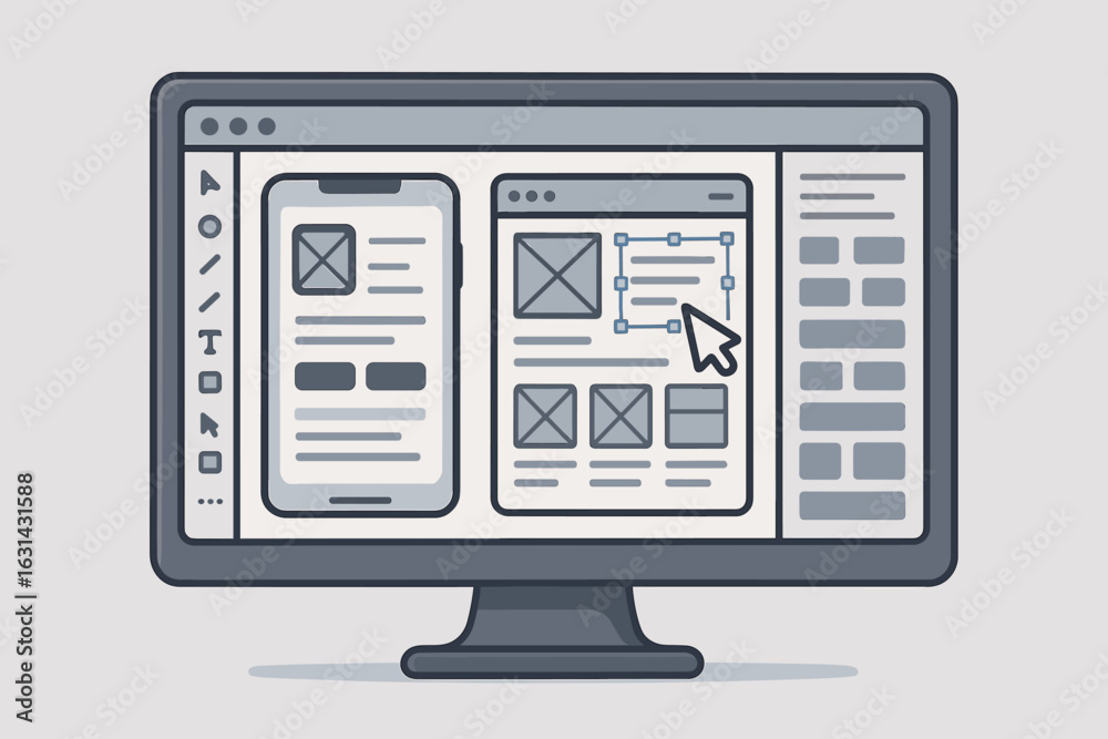 UX UI mobile app web design software interface computer screen prototype wireframe development tool professional designer workspace technology vector illustration UX UI mobile app web design software interface computer screen prototype wireframe development tool professional designer workspace technology vector illustration