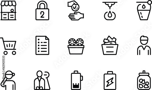 Collection of Simple Line Icons Representing Everyday Objects and Actions