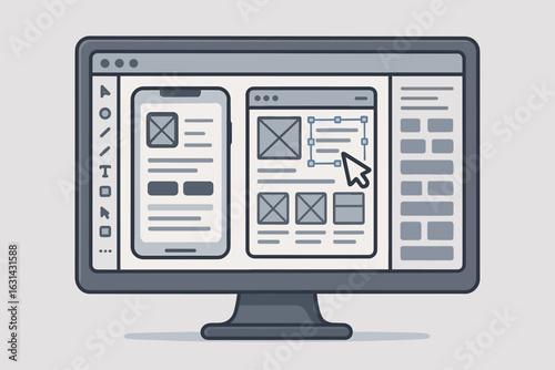 UX UI mobile app web design software interface computer screen prototype wireframe development tool professional designer workspace technology vector illustration