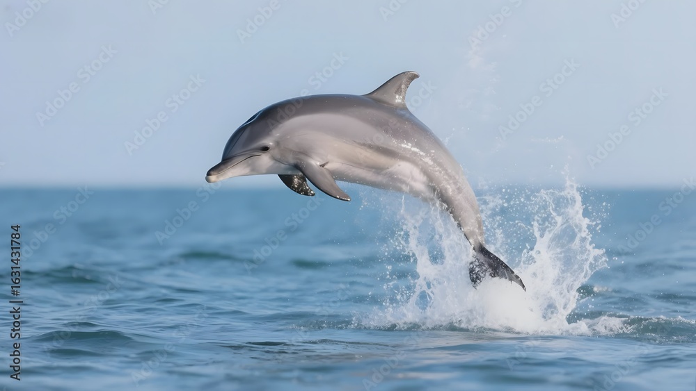 Fototapeta premium Dolphin leaping gracefully out of the ocean waters