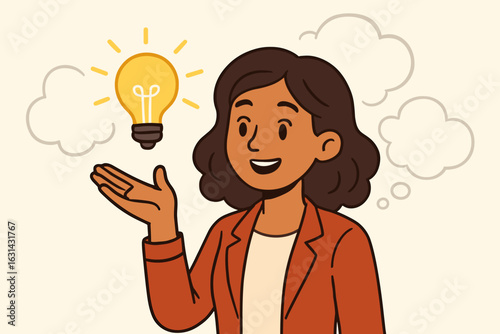Creative businesswoman holding bright lightbulb idea innovation inspiration concept vector illustration cartoon female entrepreneur brainstorming solution