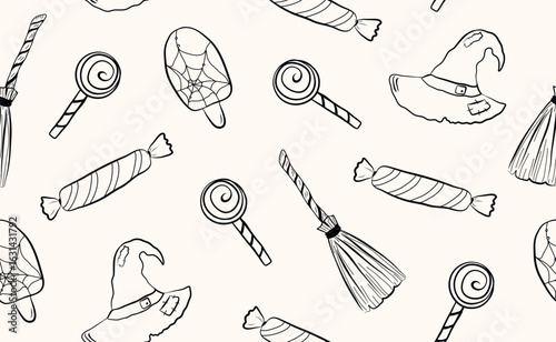 Whimsical hand drawn halloween seamless pattern. Doodle sketch elements, magic spooky pumpkin character. line art icons, fun cartoon symbols for decoration, horror party. Autumn Isolated vector illus