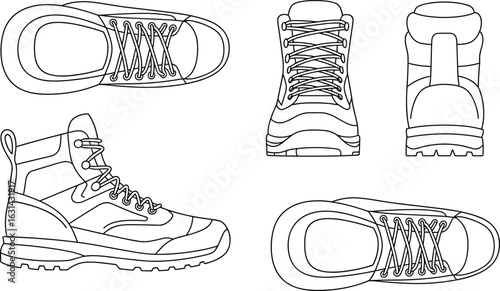 Hiking boot technical cad drawing, multiple angles, outdoor footwear design sketch, line art shoe blueprint, cad drawing flat vector illustration