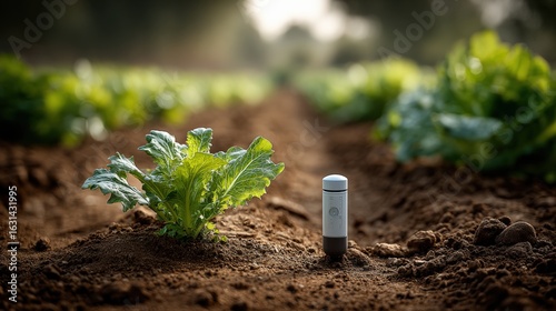 Green leafy vegetable growing in rich soil with a modern sensor device placed nearby, showcasing agricultural technology and sustainable farming practices in a vibrant field
