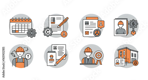 Set of flat line icons for construction management, engineering project planning, and building industry processes.