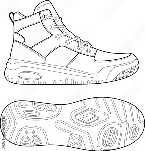 Modern high top sneaker technical drawing, side and outsole view, athletic sport shoe concept design, cad drawing flat vector illustration