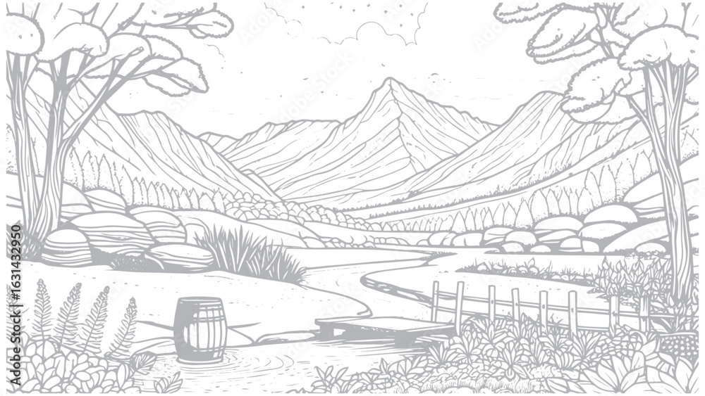 Fototapeta premium Scenic Lake and Mountain Landscape Sketch Hand-drawn