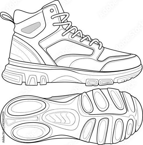 High top sneaker technical sketch with detailed outsole and side view, modern sport shoe design, cad drawing flat vector illustration