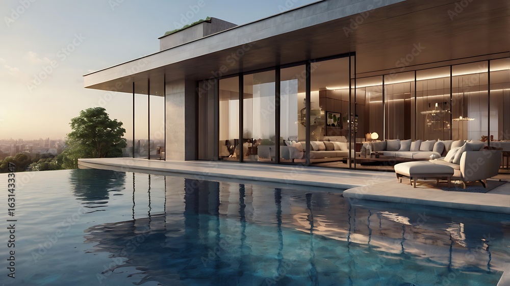 Obraz premium High-end penthouse terrace with glass walls, infinity pool, and luxury lounge, 3D render