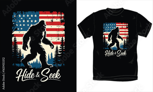 Hide and Seek Champion Bigfoot T-Shirt – Vintage Sasquatch Walking in Forest with Distressed American Flag, Funny Cryptid Hunter Graphic