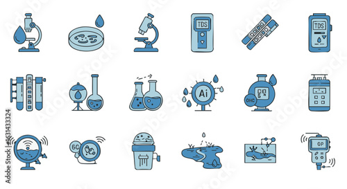 Water science tech flat icon set blue silver white