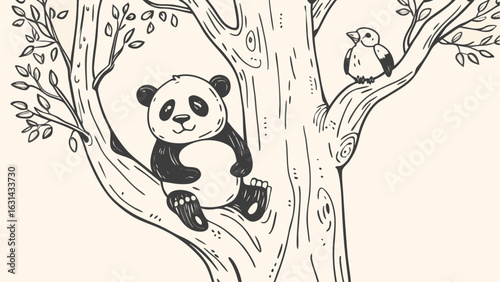 A panda sitting in a tree next to a bird with leaves around them in a hand drawn cartoon style