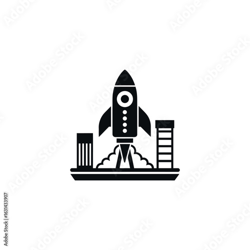 Rocket launching from launchpad with smoke isolated on white background