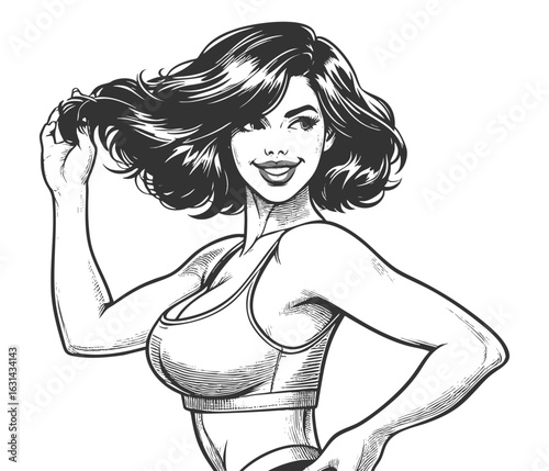 fit retro-style woman in workout clothes, posing confidently with hands in her hair sketch engraving generative ai fictional character vector illustration. Scratch board imitation. Black and white.