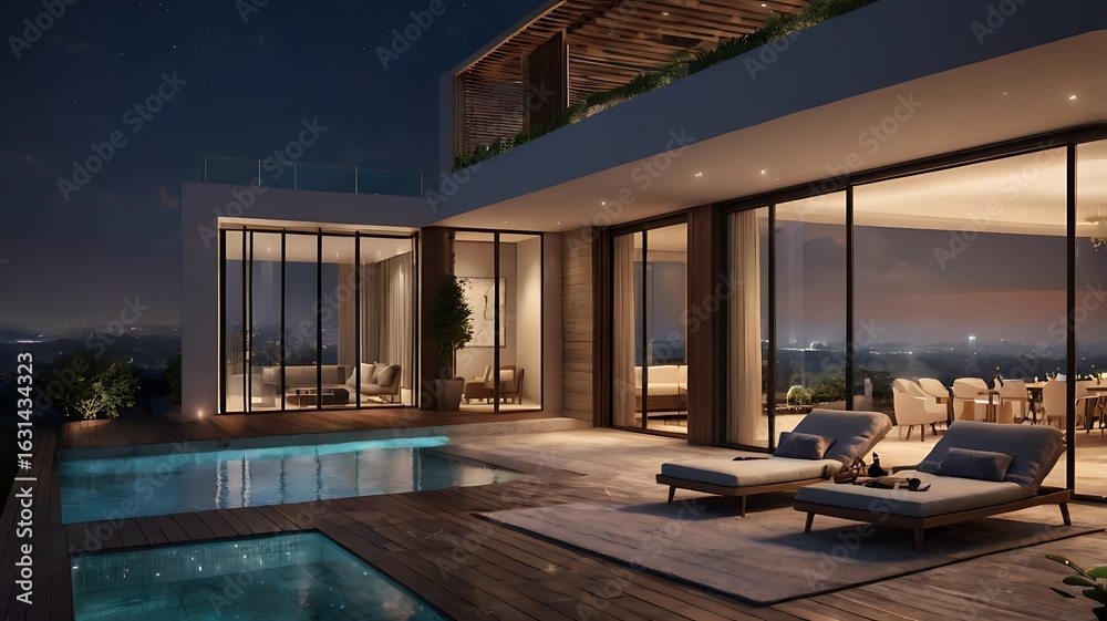 Fototapeta premium High-end villa terrace with panoramic city view, night lighting, ultra-realistic render