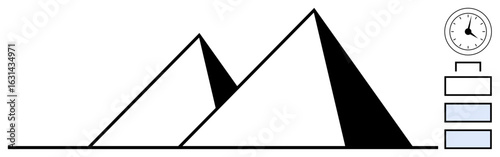 Two pyramids symbolizing progress, clock indicating time, and stacked blocks representing tasks or priorities. Ideal for time management, productivity, organization, workflow, structure, efficiency