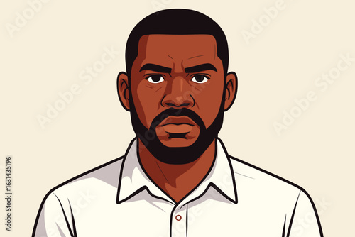 African American man portrait. Adult male character, face and upper body with beard, wearing a white shirt. Serious facial expression. Vector for business, avatar, user profile.