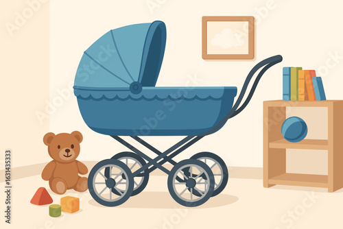 Blue baby carriage in a nursery room with toys. Preparing for a baby boy concept. Newborn shower invitation. Childhood flat design vector cartoon illustration background.