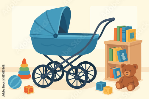 Blue baby carriage in nursery. Preparing for newborn boy concept. Vector cartoon illustration with pram, stroller, toys, teddy bear, books for a baby shower.