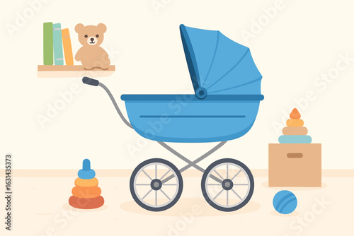 Blue baby carriage in nursery. Pram for newborn boy. Baby shower invitation concept. Children's room with toys, teddy bear, books. Flat vector cartoon illustration.
