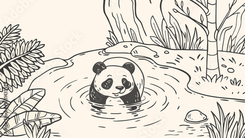 A cute panda bear is standing in a puddle of water surrounded by plants and trees in a line art style