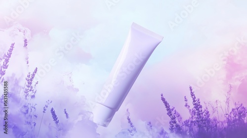 mockup. a cream tube floating in the air, lavender field background, digital art style