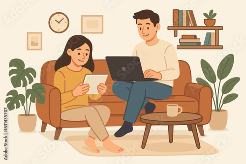 Couple working from home office. Man with laptop, woman with tablet on sofa. Concept freelance lifestyle, remote work, online learning, e-learning, digital nomad family.