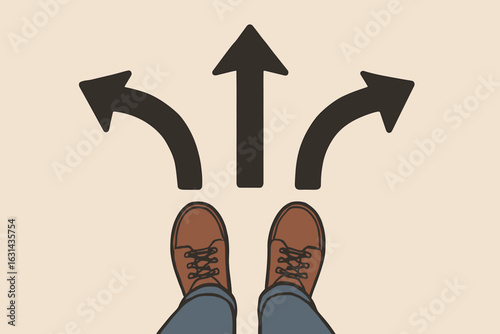 Difficult life choice and decision making concept. Top down view of feet standing before arrows pointing in different directions. Metaphor for path, future, opportunity, and uncertainty.