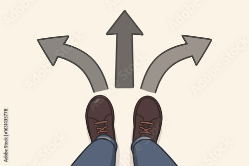 Difficult life choice concept. Man at a crossroads with arrows pointing in different directions. Uncertainty, decision-making, choosing a future path, dilemma, opportunity.