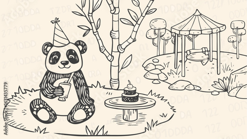 Panda wearing a party hat sitting near a cake and bamboo tree with a gazebo in the background