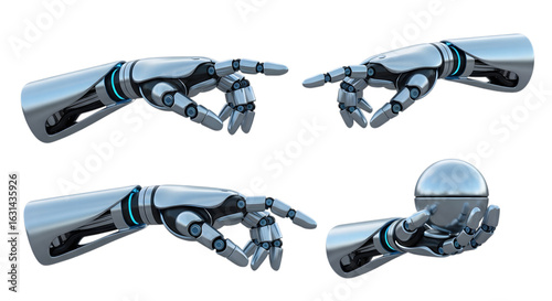Four Silver Robot Hands Pointing and Holding Sphere on Black