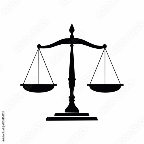 Silhouette of a balanced scales of justice, centered on a white background.