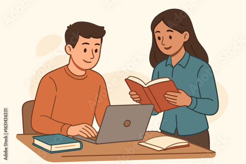 Students doing schoolwork together. Male character on laptop, female character reading book. Concept of education, e-learning, tutoring, collaboration, and studying. Vector cartoon illustration.