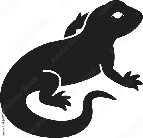 Salamander silhouette of curved-bodied amphibian with long tail and four legs isolated on white background