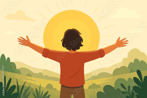 Person with open arms embracing the sun. Concept of hope, freedom, faith, worship, and success. A new day and a new beginning. Mental health and happiness concept.