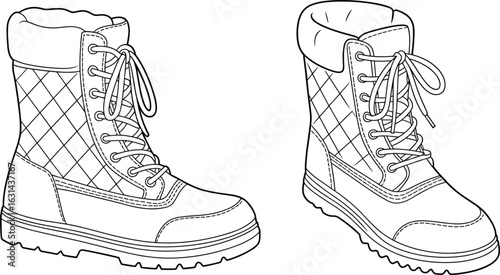 Winter quilted lace-up boots, padded ankle snow boots, technical footwear sketch, detailed front and side view illustration