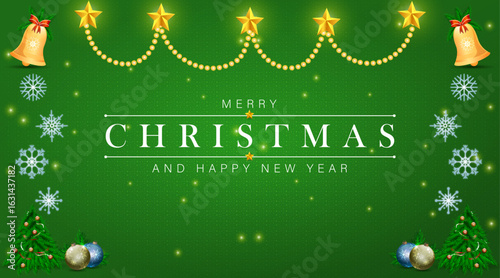 
Christmas decoration border with and golden glitter confetti and sparkles of lights blur bokeh on green background. Bright Christmas and New Year design. Vector illustration
