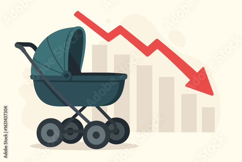 Low birth rate concept. Baby stroller and declining chart with red arrow pointing down. Metaphor for population crisis, infertility and demographic problem. Vector illustration.