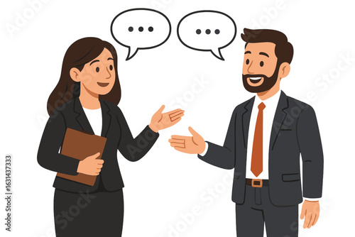 Business man and woman work conversation. Professional colleagues discussing project. Teamwork, corporate communication, meeting concept. Vector cartoon character illustration.