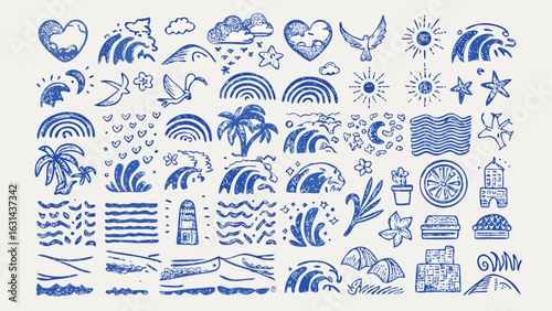 Collection of ocean themed doodles including waves hearts suns and palm trees in a blue ink style