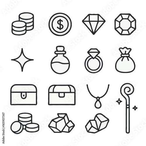 A collection of minimalist outline treasure and loot icons on a white background