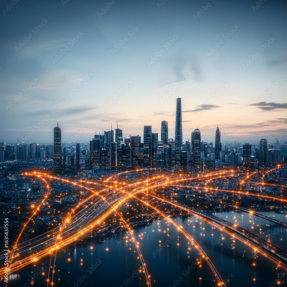 custom made wallpaper toronto digitalVibrant Urban Nightscape Showcasing a Connected City with Glowing Networks and Futuristic Elements