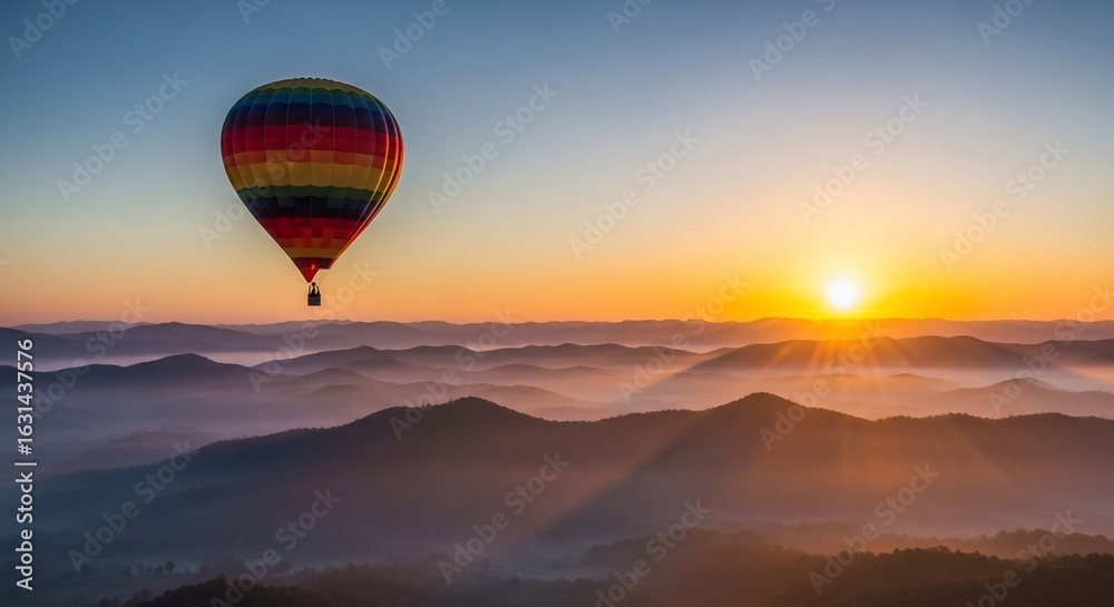 Obraz premium Colorful Hot Air Balloon Soaring Over Misty Mountains at Sunrise