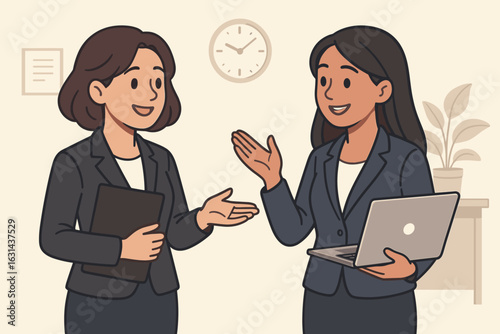 Two businesswomen talking in the office. Colleagues having a corporate discussion. Concept for teamwork, collaboration, communication, partnership. Vector cartoon illustration.
