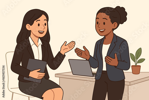 Two businesswomen talking in the office. Colleagues having a conversation. Teamwork, collaboration and communication concept. Job interview or friendly business meeting.